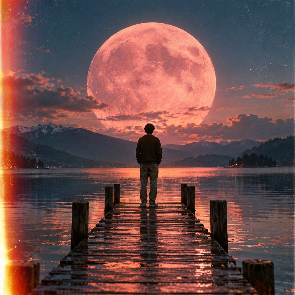 Album cover: a lone figure on a pier under a giant pink moon