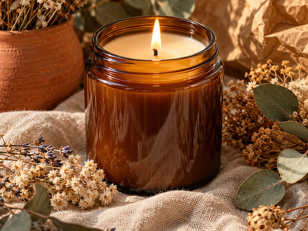 Etsy handmade: a hand-poured soy candle in an amber jar