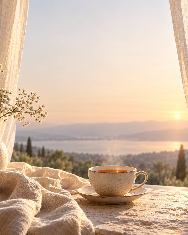 Quote / carousel cover: morning light through linen curtains with a cup of tea
