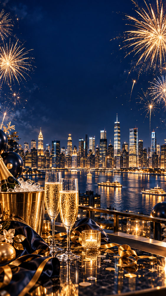 New Year story: a glamorous city skyline at midnight