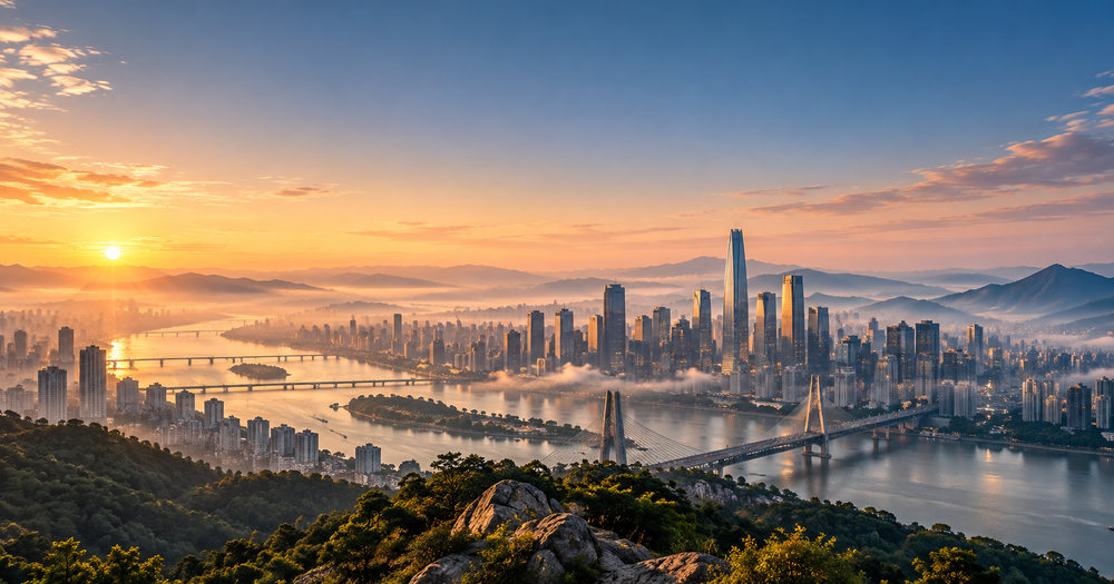 Blog / OG header: a city skyline at dawn in soft mist