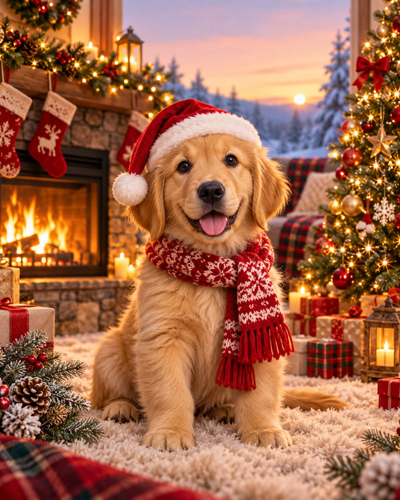 Pet Christmas portrait: a golden retriever puppy