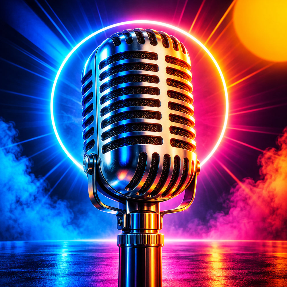 Podcast cover: a vintage microphone glowing in neon light