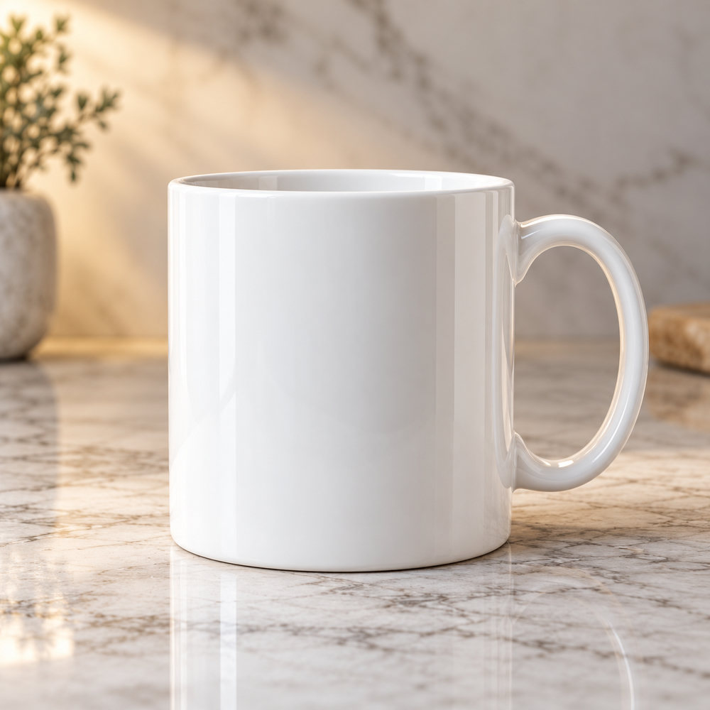 New product background: a white ceramic mug on a marble countertop