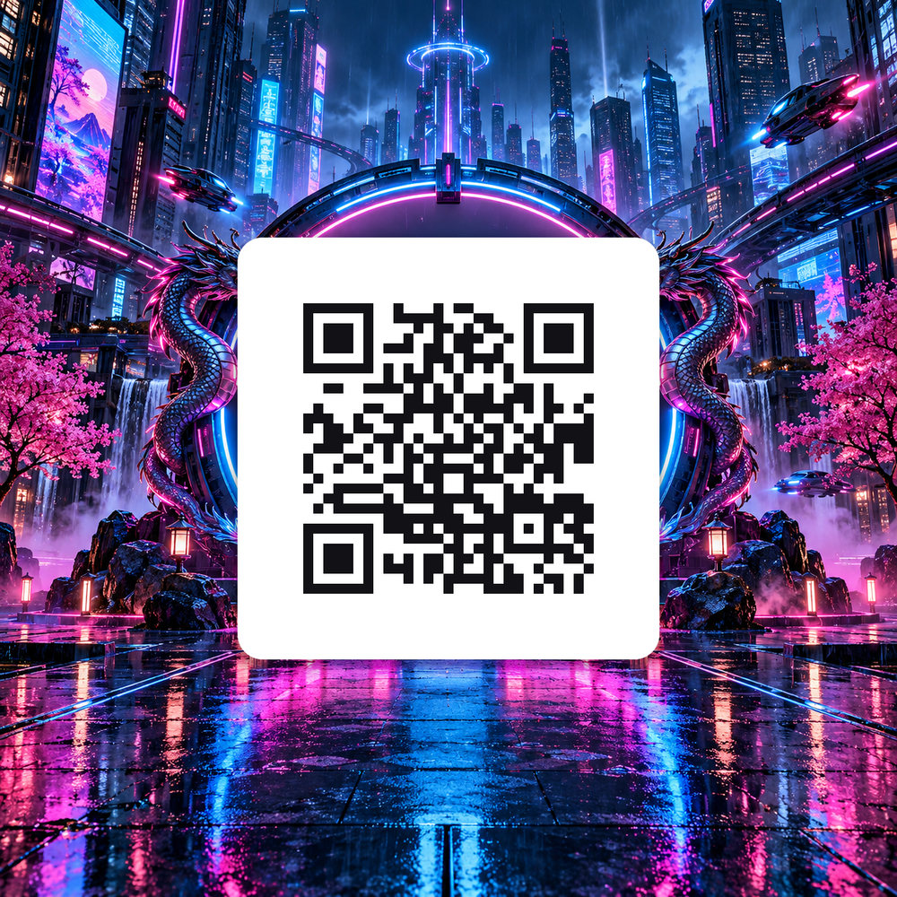 QR art poster: a futuristic city street at night with neon signs and rain