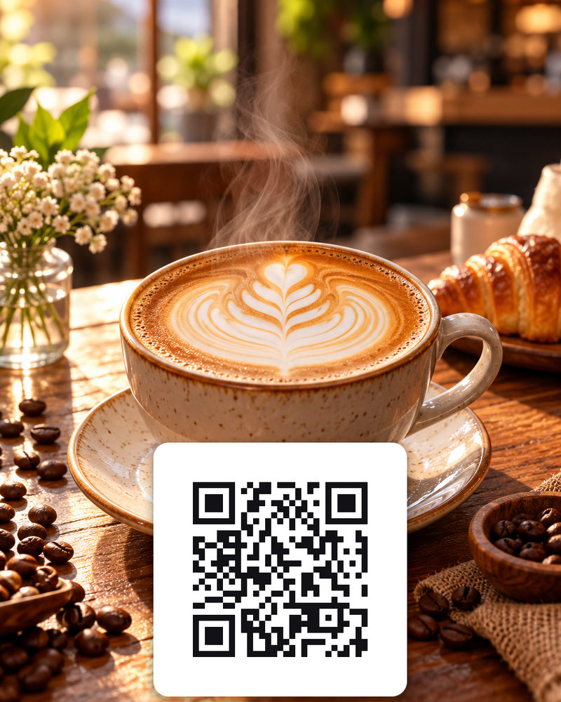 Table card / menu QR: a latte with latte art on a wooden cafe counter