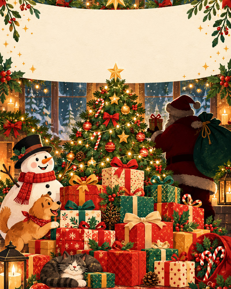 Secret Santa invite: a pile of colorful gifts under a sparkling tree