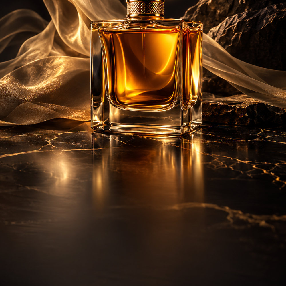 Luxury dark: an amber perfume bottle