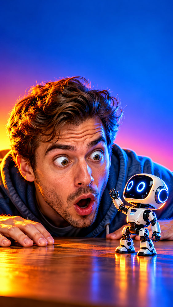 Shorts thumbnail: a man staring in shock at a tiny robot on his desk