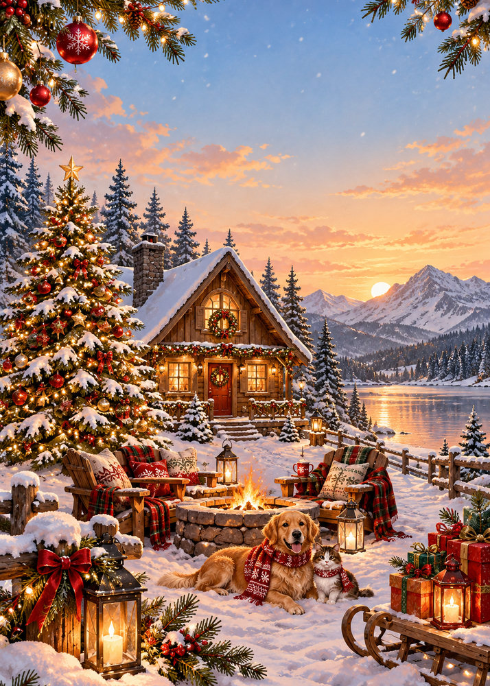 Christmas card: a cozy cabin in a snowy forest with a decorated tree