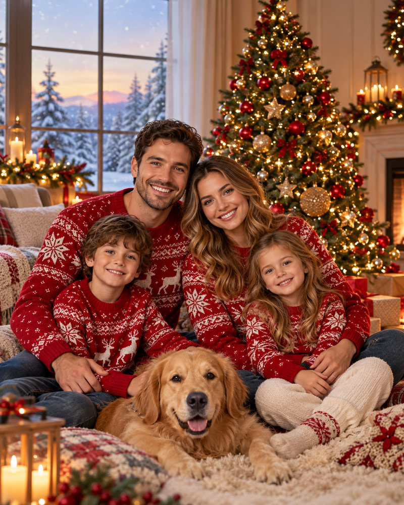 Christmas photo: a smiling family of four in matching red sweaters by the tree