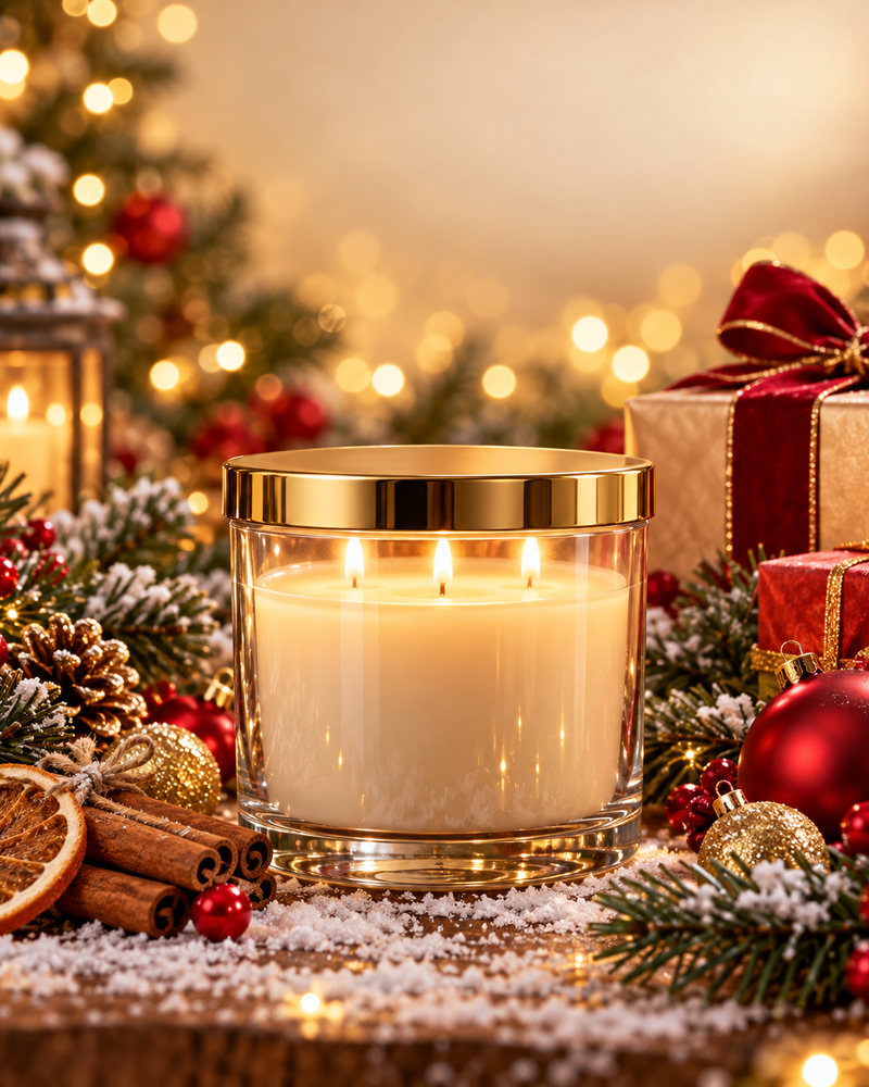 Christmas product shot: a glass candle jar with a gold lid