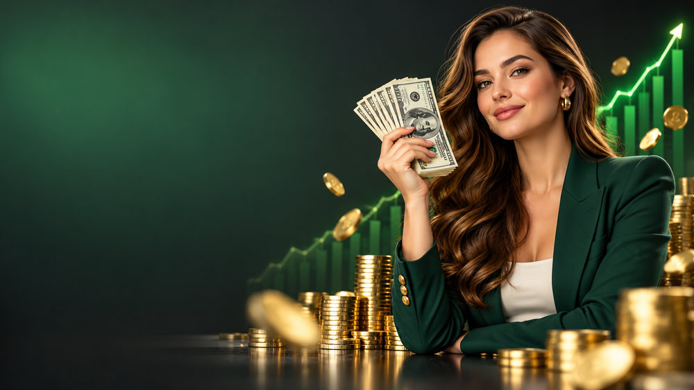 Money & business: a woman in a blazer holding a stack of cash with a smile