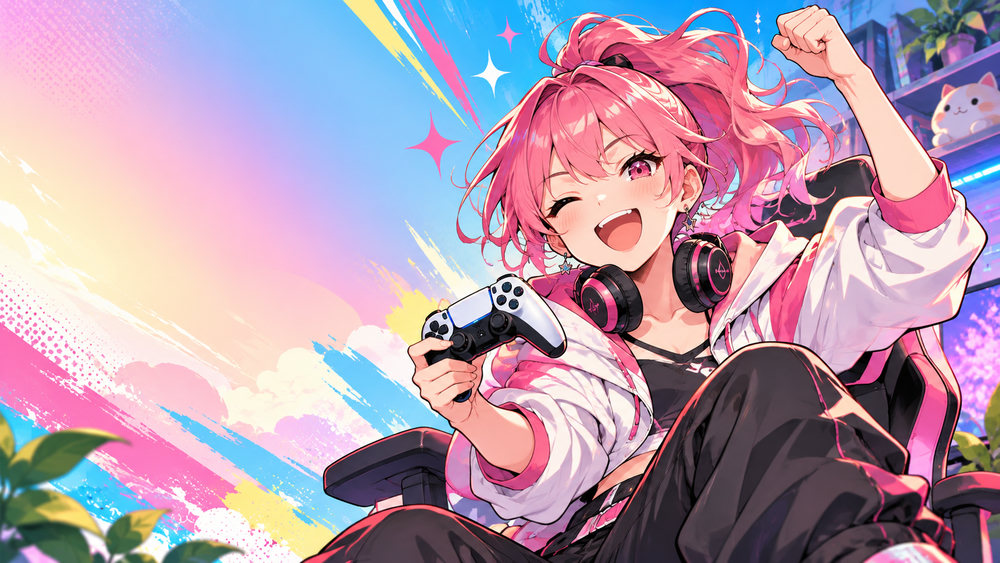 Gaming: a pink-haired girl cheering with a game controller